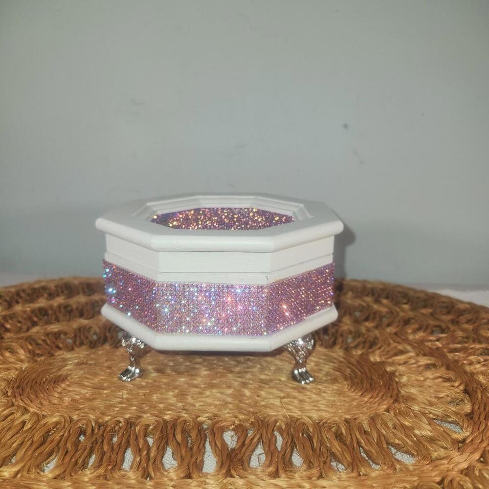 Octagonal White Jewelry Box with Pink Interior & Rhinestones 5x4 inch